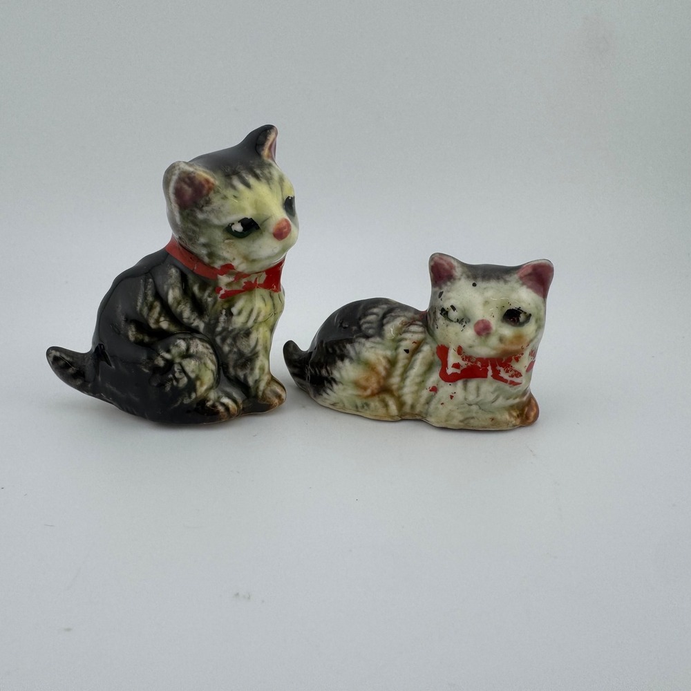 Vintage Ceramic Cat Figurines Set of 2 Black‎ White Red Collar Hand Painted